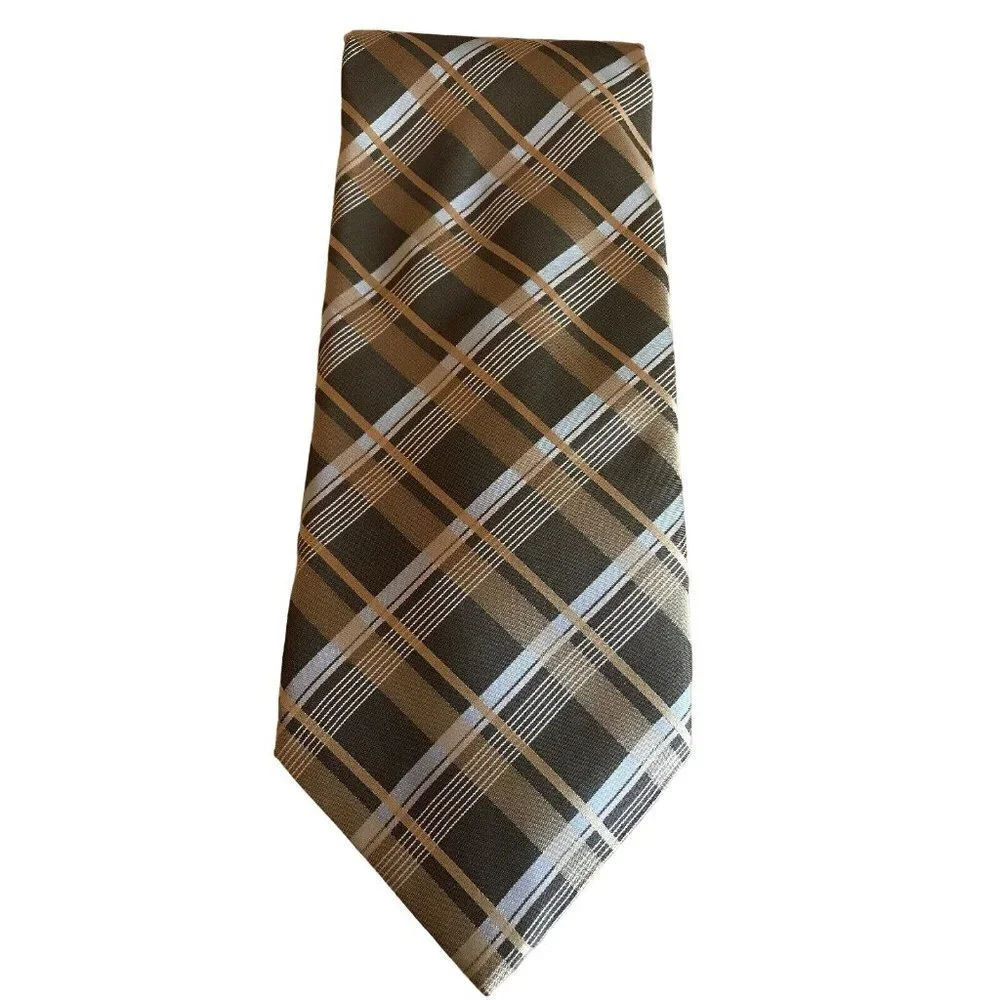 Calvin Klein Neutral Tan Taupe Blue Plaid‎ 100% Silk Tie 3.25” Necktie